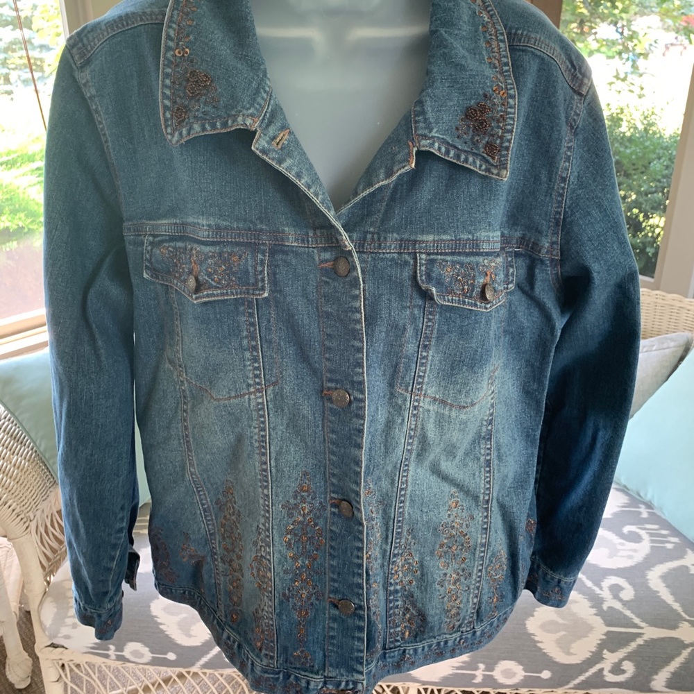 Denim & Co cotton blue jean jacket copper beading